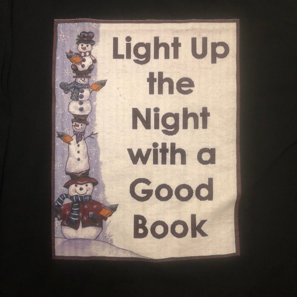 Vtg Anvil Snowman Book Lover Graphic Long Sleeve Tee Black XL Winter Snow